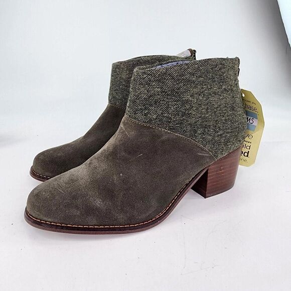 TOMS Leila Tarmac Olive Suede Herringbone Booties US 8 Block Heel Ankle Boots - Picture 3 of 11